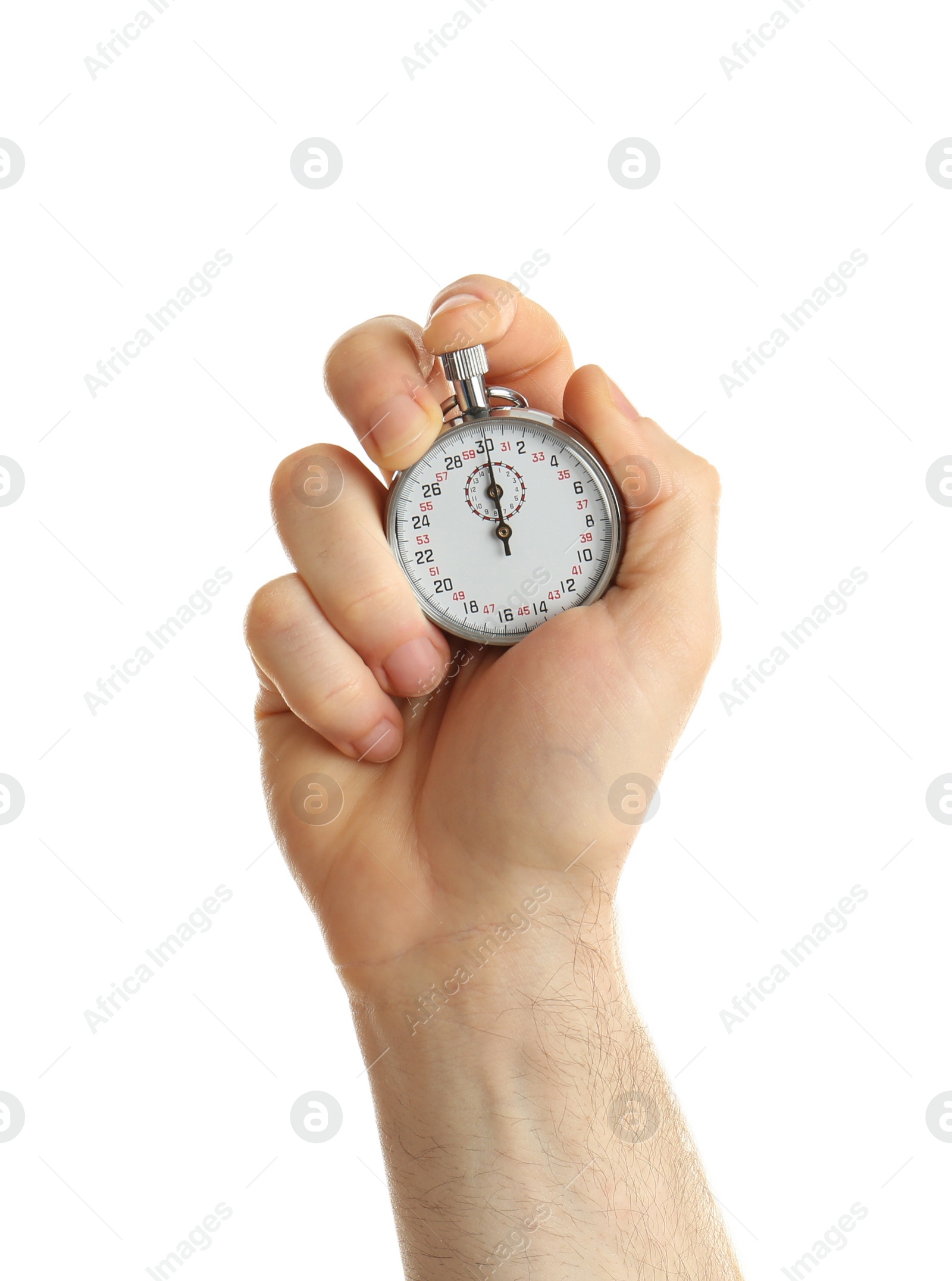 Photo of Man holding analog timer on white background, closeup