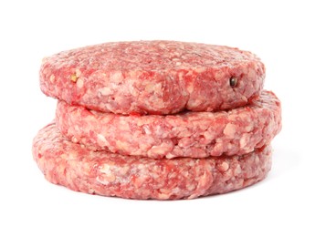 Photo of Stack of raw hamburger patties on white background, closeup