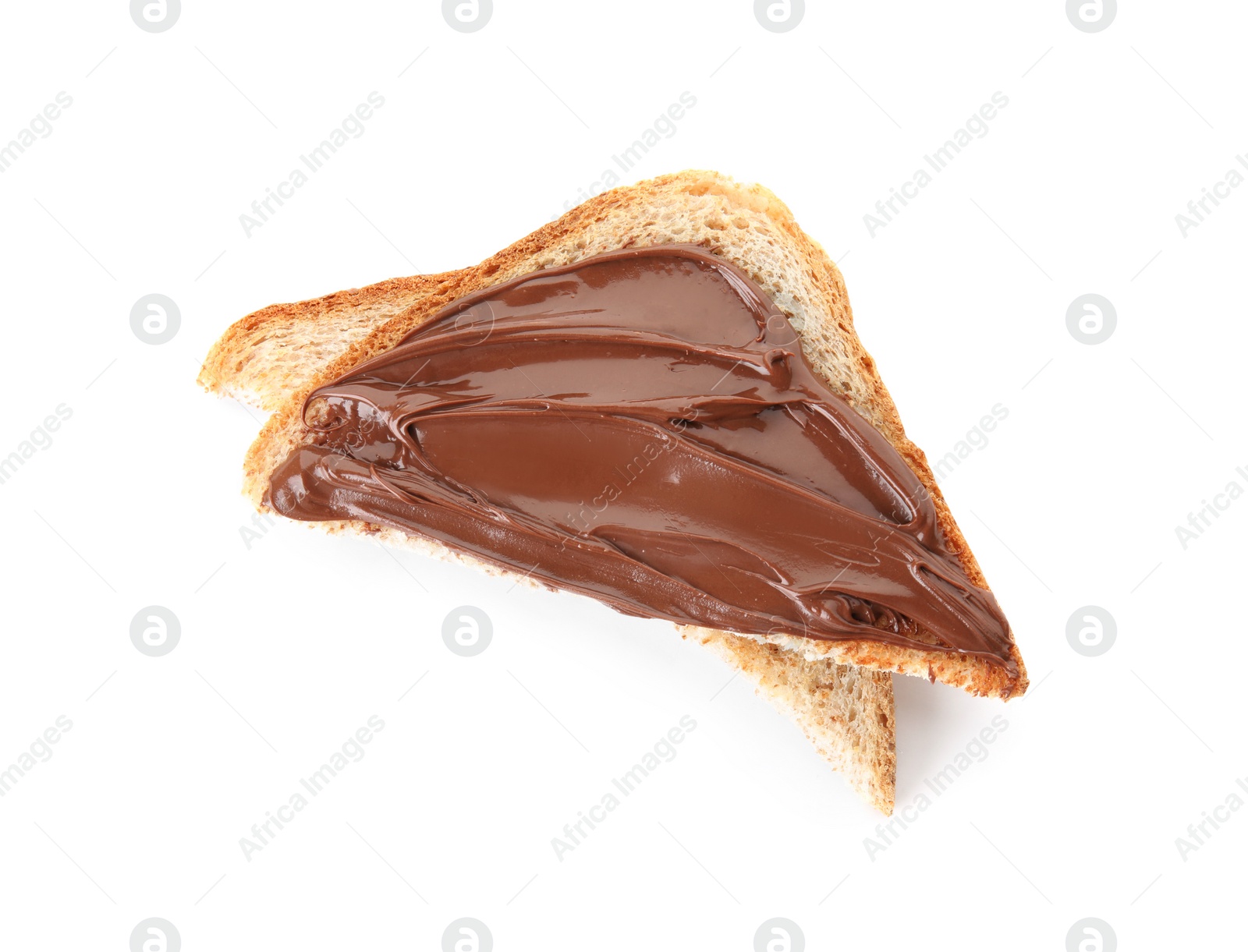 Photo of Toast with sweet chocolate cream isolated on white, top view