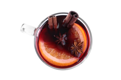 Aromatic mulled wine in glass cup isolated on white, top view