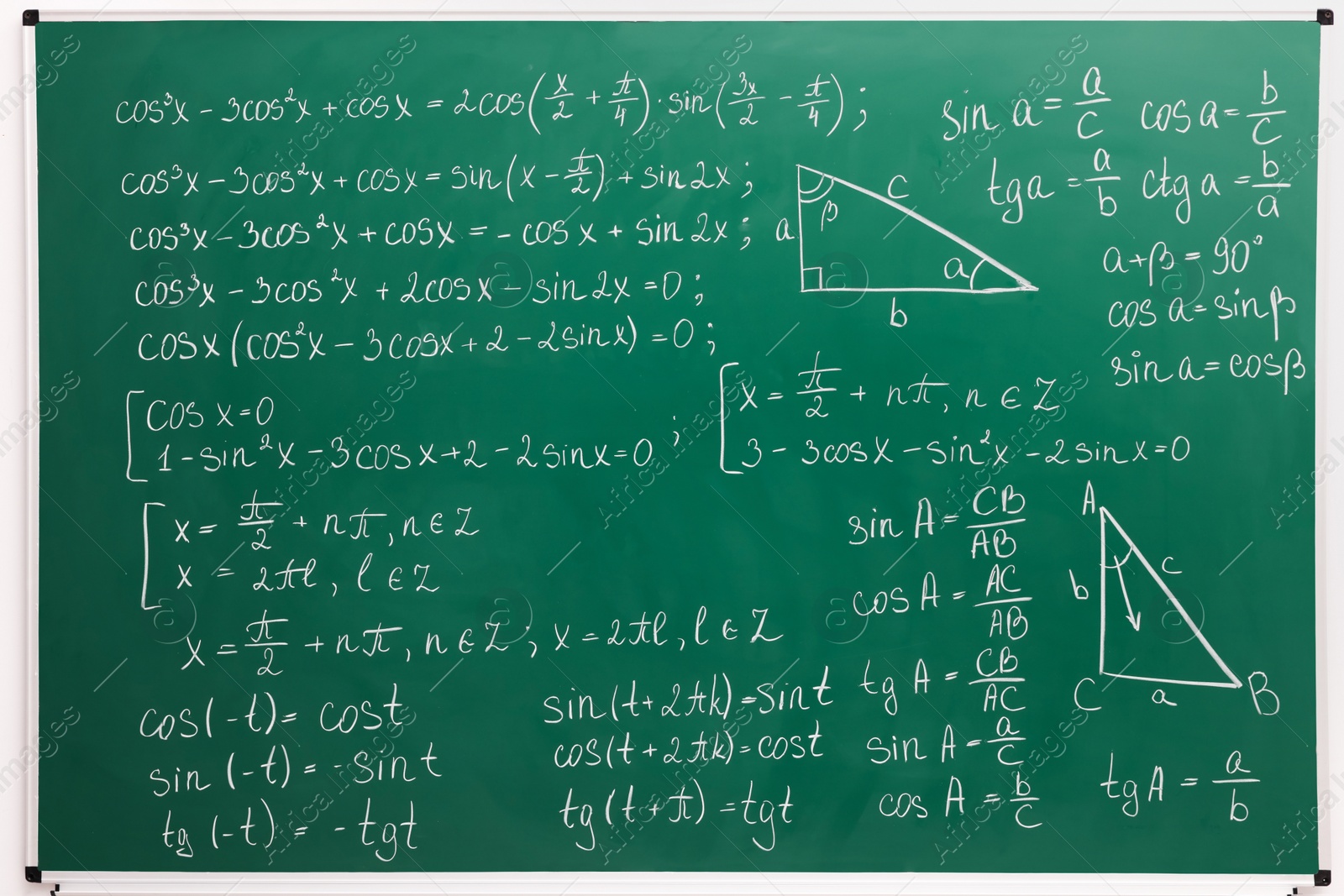 Photo of Many different math formulas written on green chalkboard