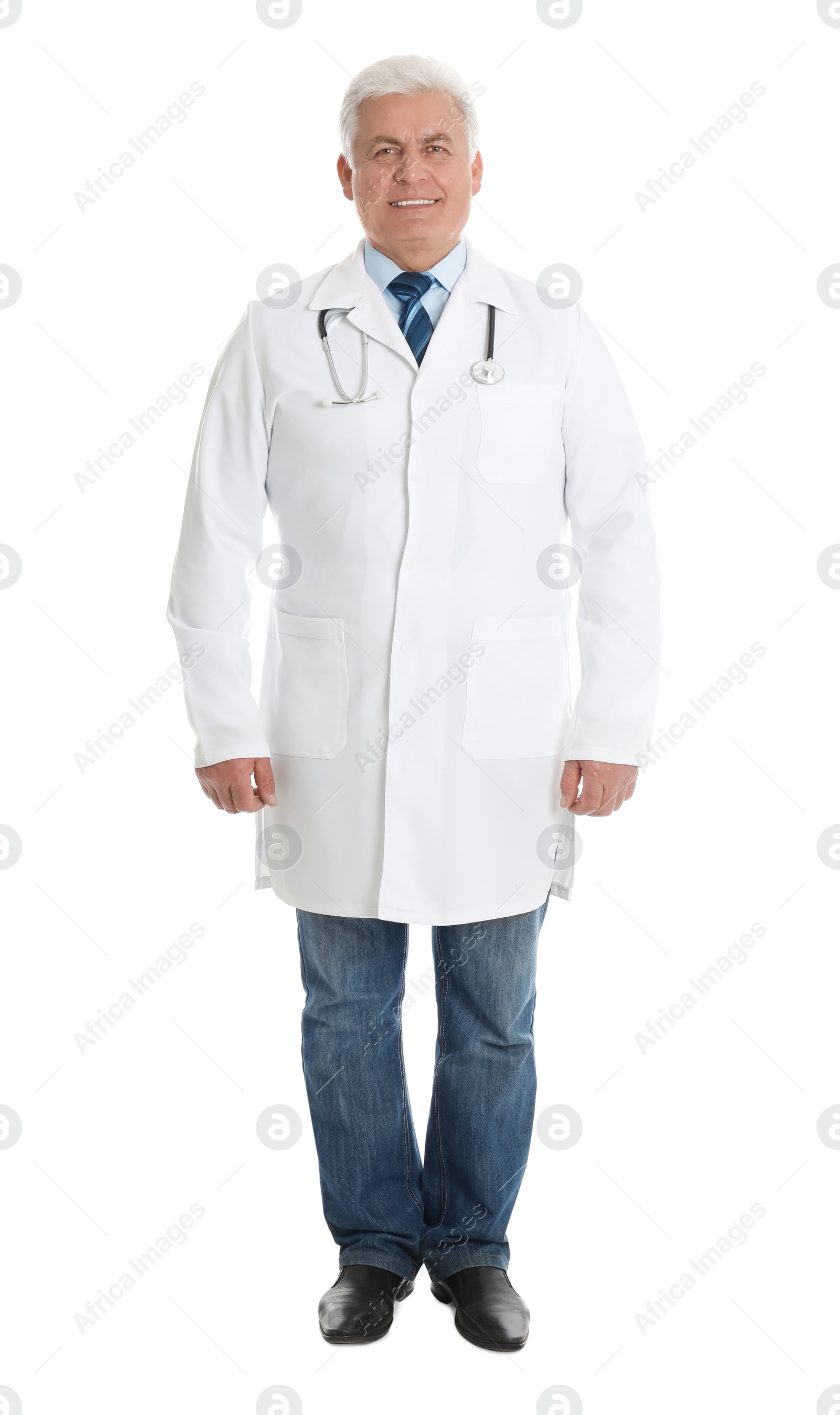 Photo of Full length portrait of senior doctor on white background