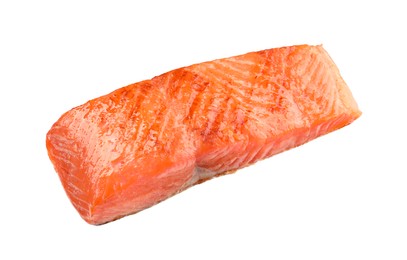 Piece of tasty grilled salmon isolated on white