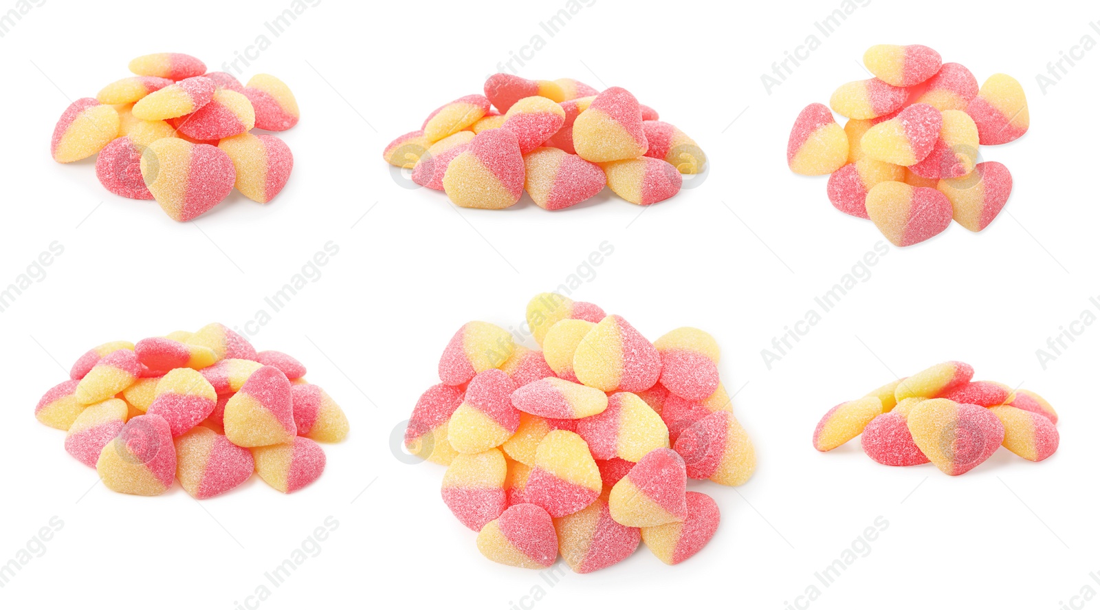 Image of Collage with heart shaped gummy candies on white background. Jelly sweet