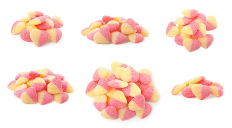 Collage with heart shaped gummy candies on white background. Jelly sweet
