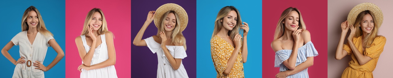 Image of Collage with photos of young woman wearing different dresses on bright backgrounds