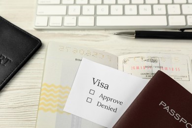 Photo of Moldova, Ceadir-Lunga - June 13, 2022: Passports with visa stamps and pen on white wooden table, closeup