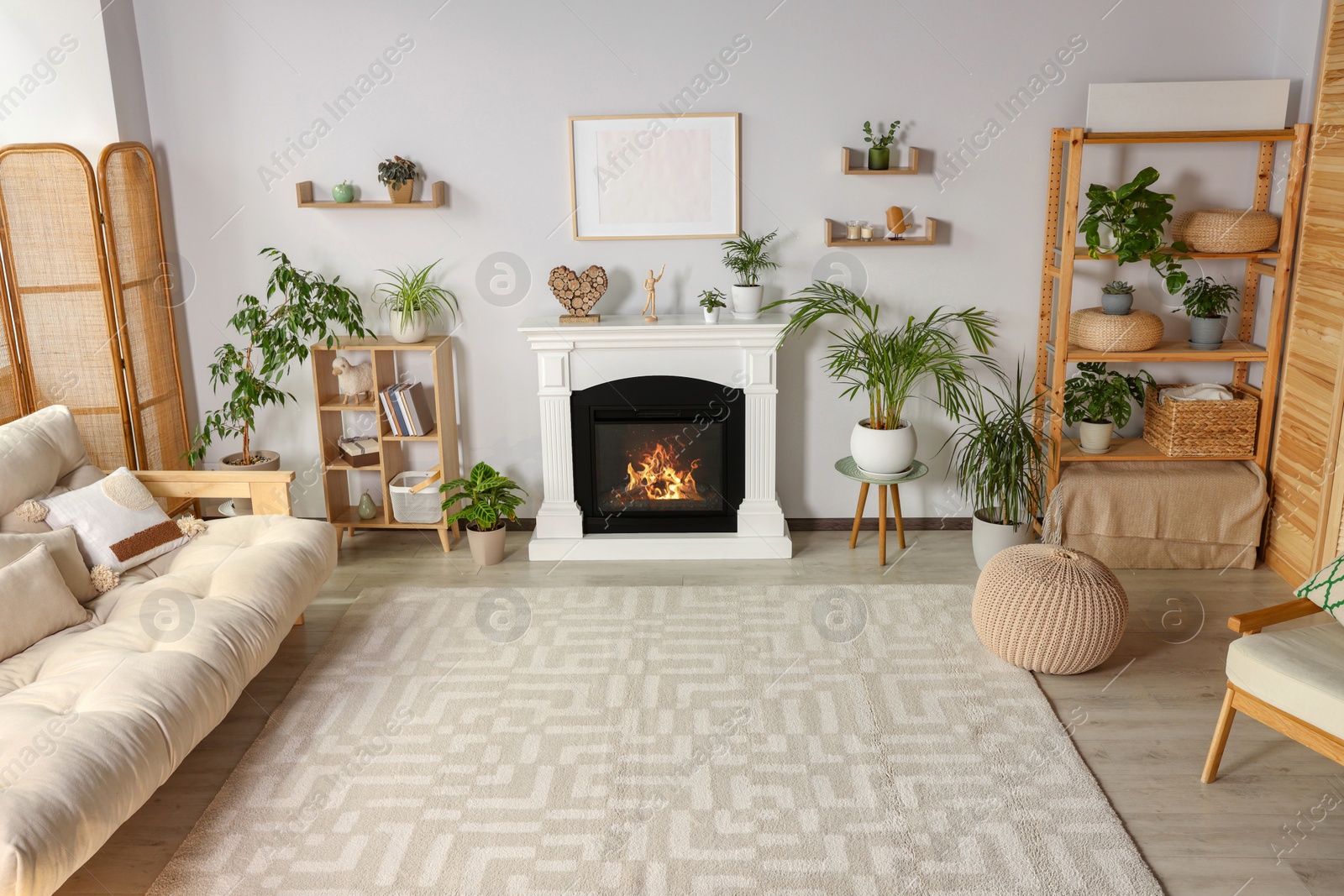 Photo of Stylish living room interior with fireplace, houseplants and beige sofa, flat lay