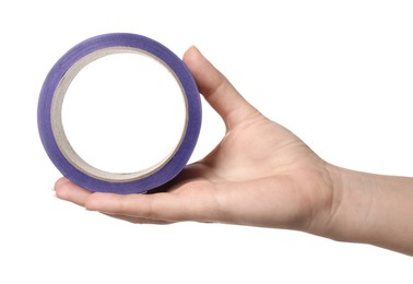 Woman holding violet adhesive tape on white background, closeup