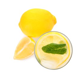 Photo of Cool freshly made lemonade in glass isolated on white, top view