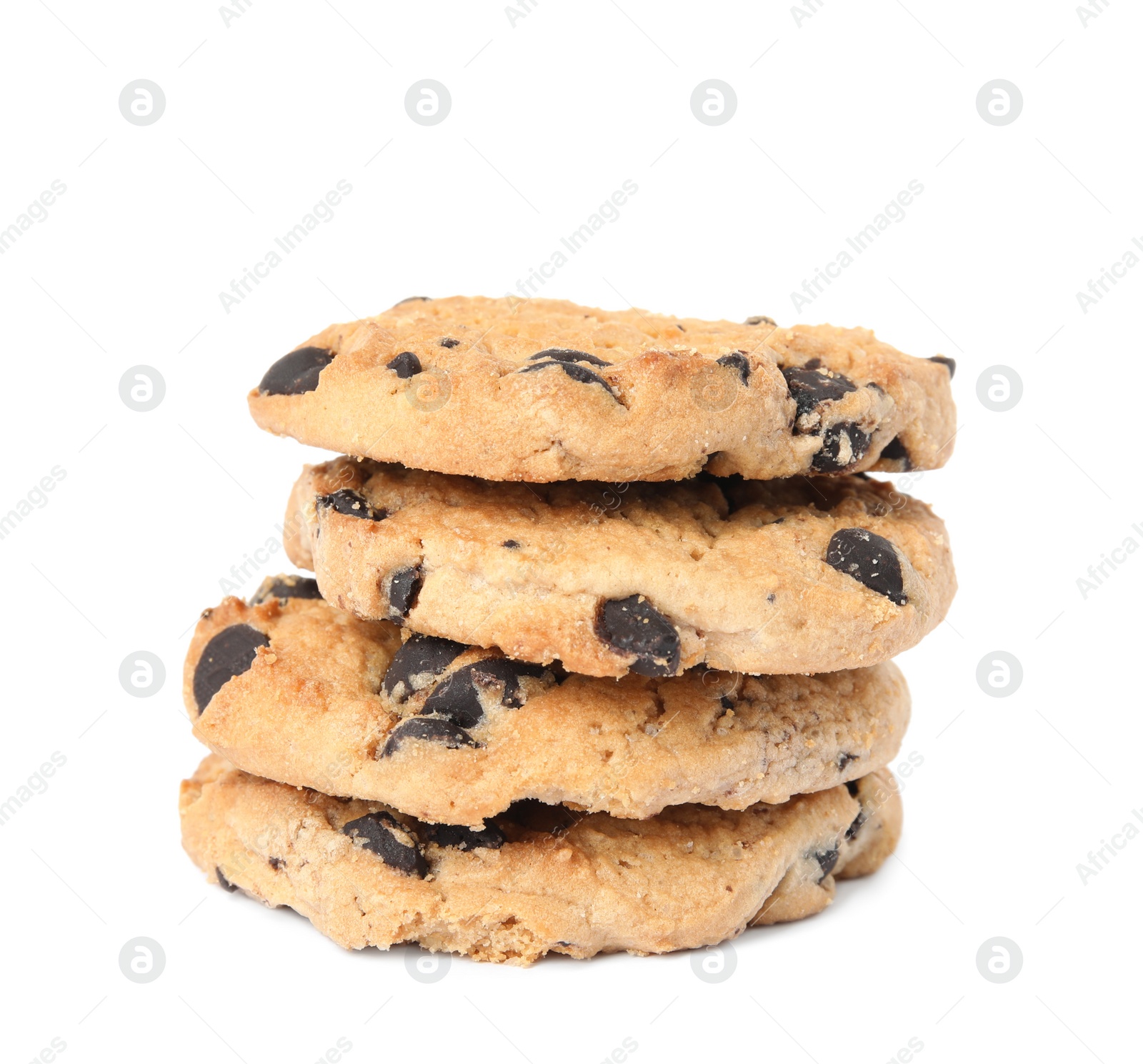 Photo of Stack of delicious chocolate chip cookies on white background