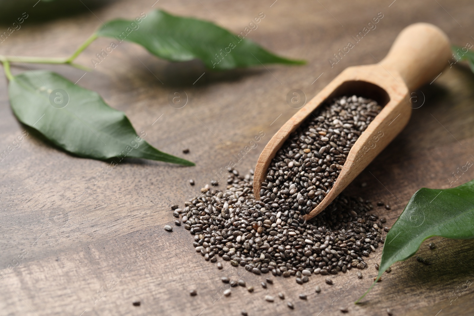 Photo of Scoop with chia seeds and fresh leaves on wooden table, space for text