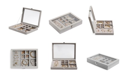 Image of Collage with elegant jewelry box isolated on white, different angles