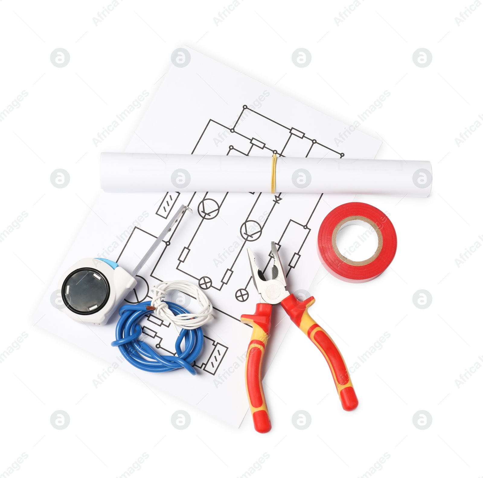 Photo of Wiring diagram, wires, pliers and tape measure isolated on white, top view