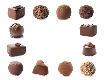 Image of Set with different chocolate candies on white background, space for text