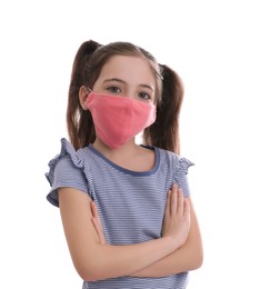 Girl wearing protective mask on white background. Child's safety from virus