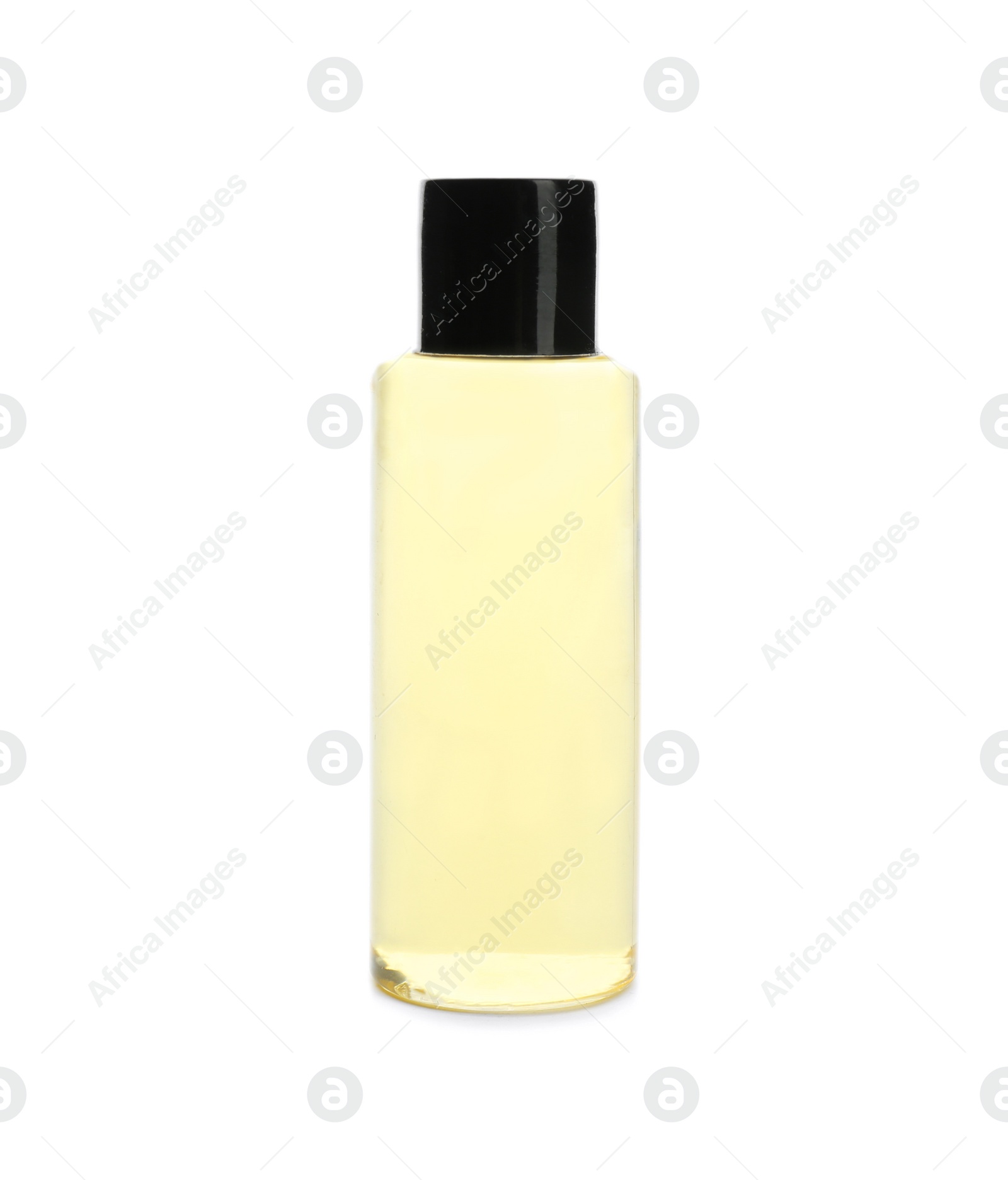 Photo of Mini bottle with cosmetic product on white background. Hotel amenity