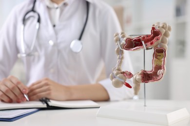 Photo of Gastroenterologist working at table in clinic, focus on anatomical model of large intestine