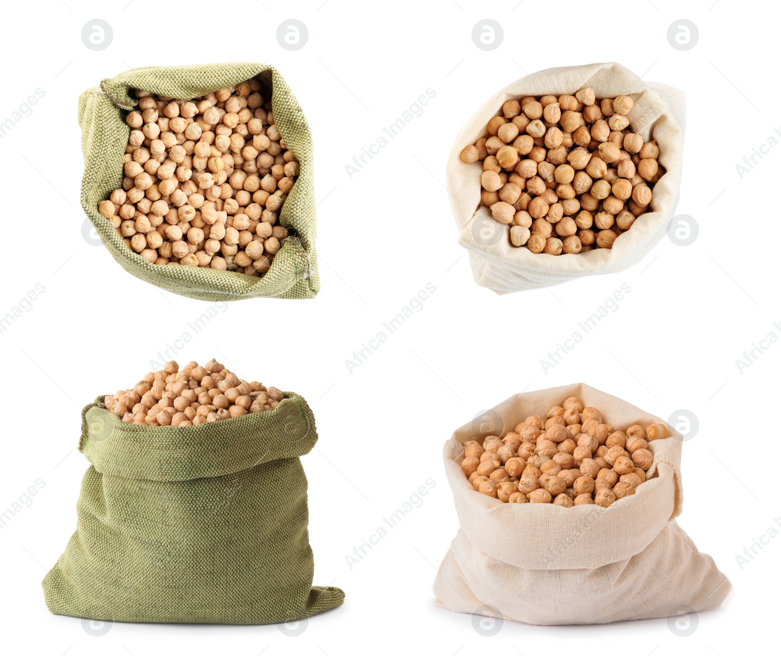 Image of Set with raw chickpeas in bags on white background 