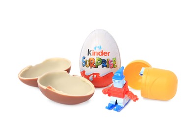 Photo of Slynchev Bryag, Bulgaria - May 23, 2023: Kinder Surprise Eggs, plastic capsule and toy on white background