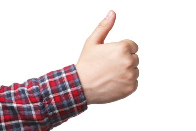 Photo of Man showing thumb up on white background, closeup of hand. Hitchhiking gesture