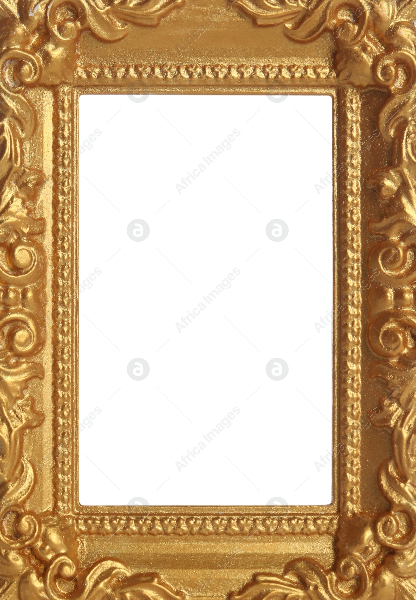 Image of Golden vintage frame with blank white background. Mockup for design