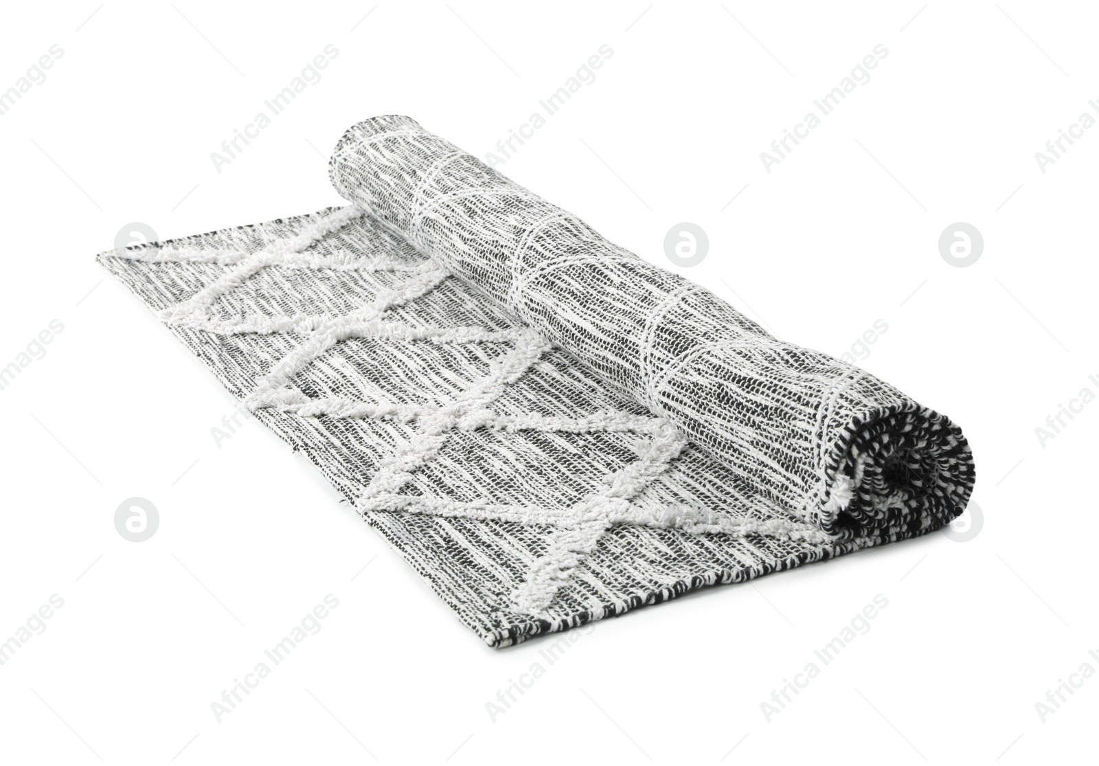 Photo of Stylish grey rug isolated on white. Interior accessory