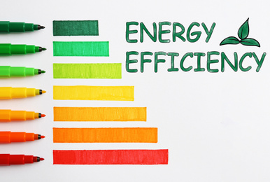Image of Energy efficiency concept. Colorful markers on white background, flat lay