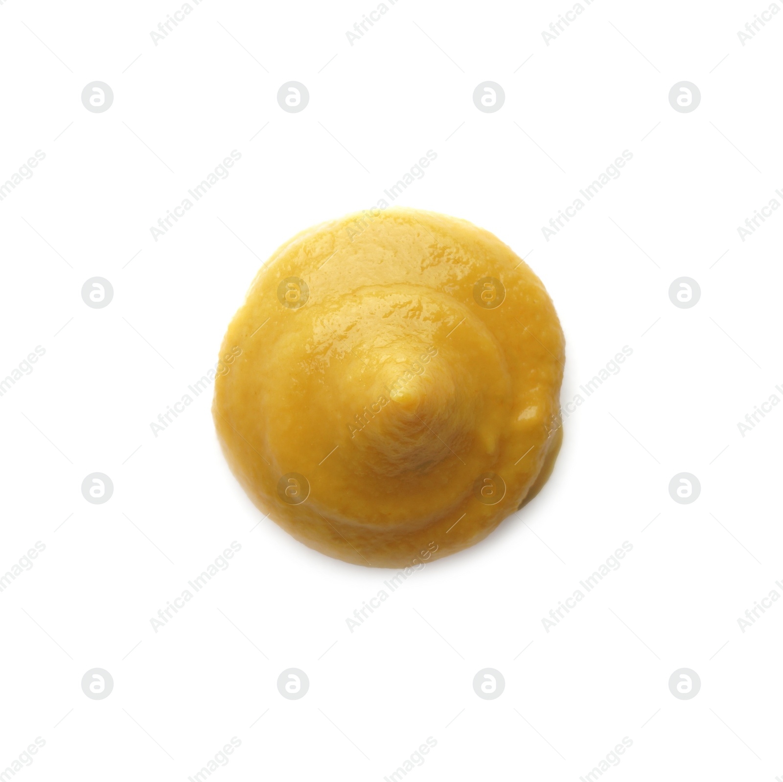 Photo of Delicious mustard isolated on white, top view