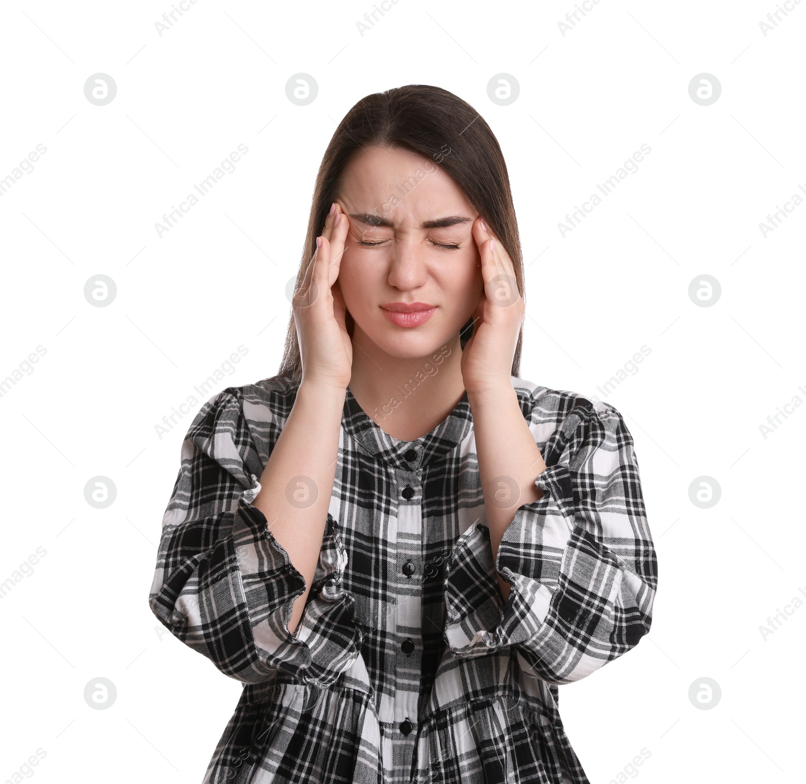 Photo of Portrait of emotional young woman on white background. Personality concept