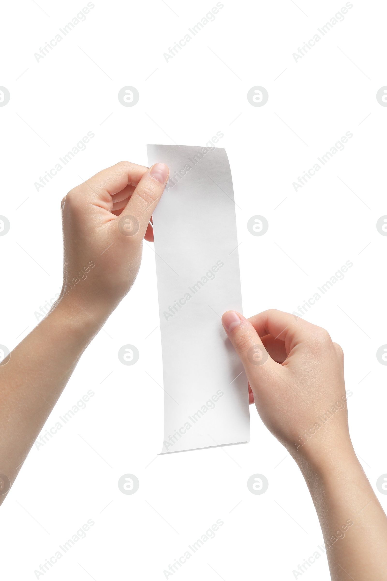 Photo of Woman holding piece of blank thermal paper for receipt on white background, closeup