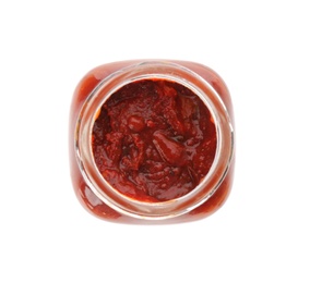 Photo of Jar of tomato paste isolated on white, top view