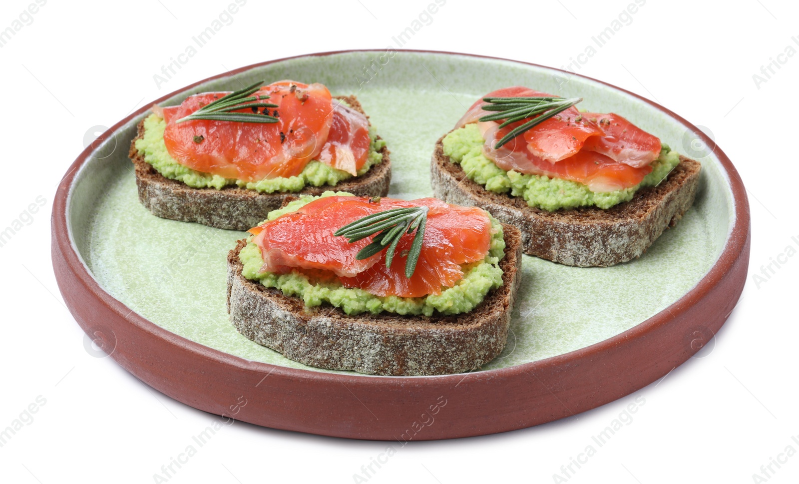 Photo of Delicious sandwiches with salmon, avocado and rosemary on white background