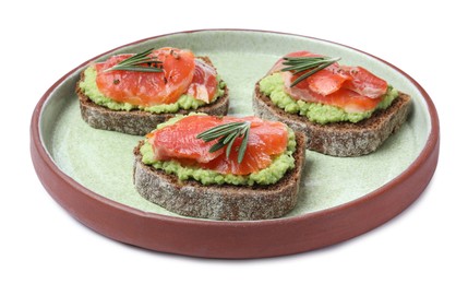 Photo of Delicious sandwiches with salmon, avocado and rosemary on white background