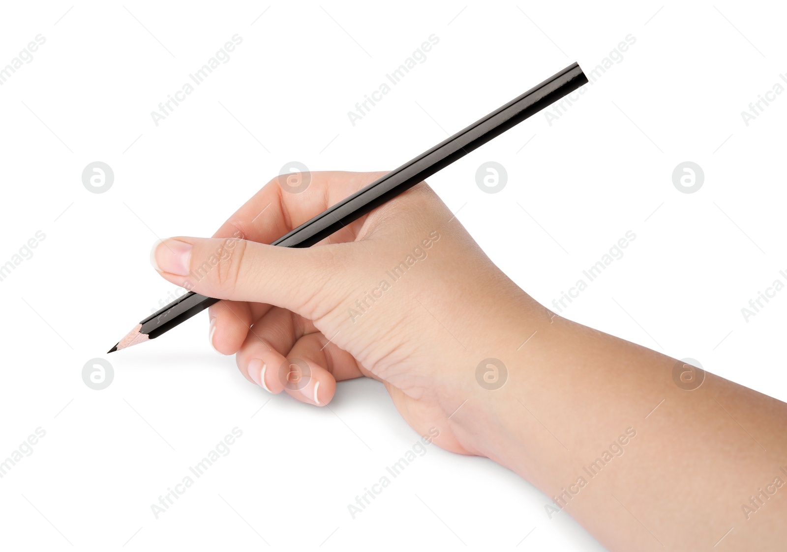 Photo of Woman drawing with color pencil on white background, closeup