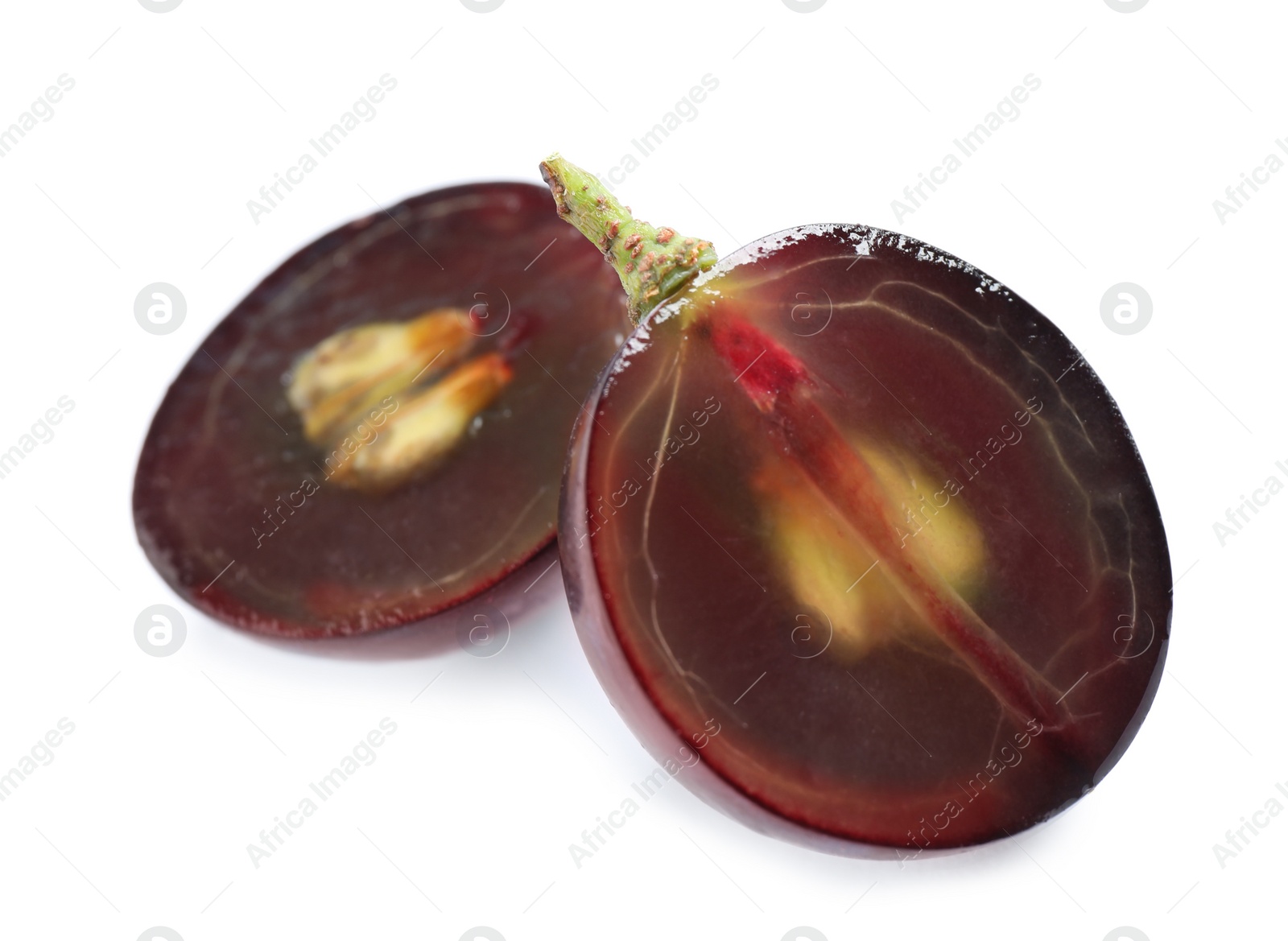 Photo of Fresh ripe cut juicy grapes on white background, top view