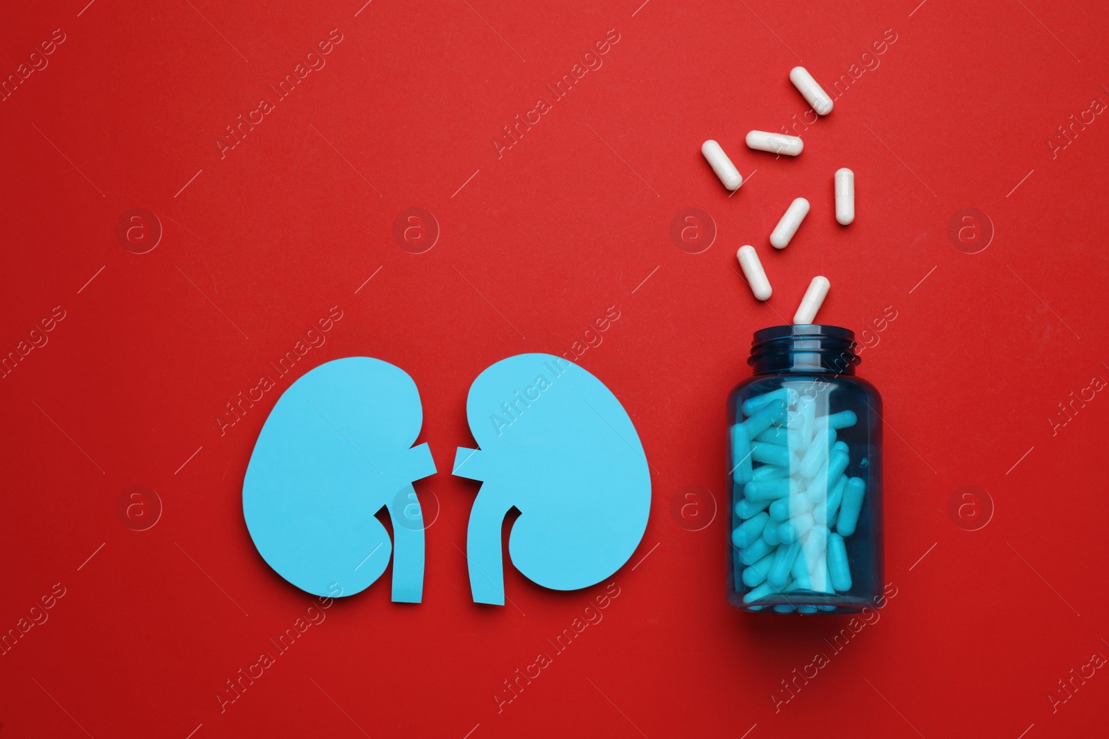 Photo of Paper cutout of kidneys and jar with pills on red background, flat lay