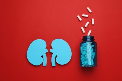 Paper cutout of kidneys and jar with pills on red background, flat lay