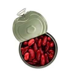 Photo of Tin can of canned red kidney beans on white background, top view