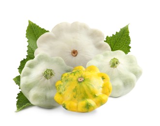 Image of Fresh ripe pattypan squashes on white background 