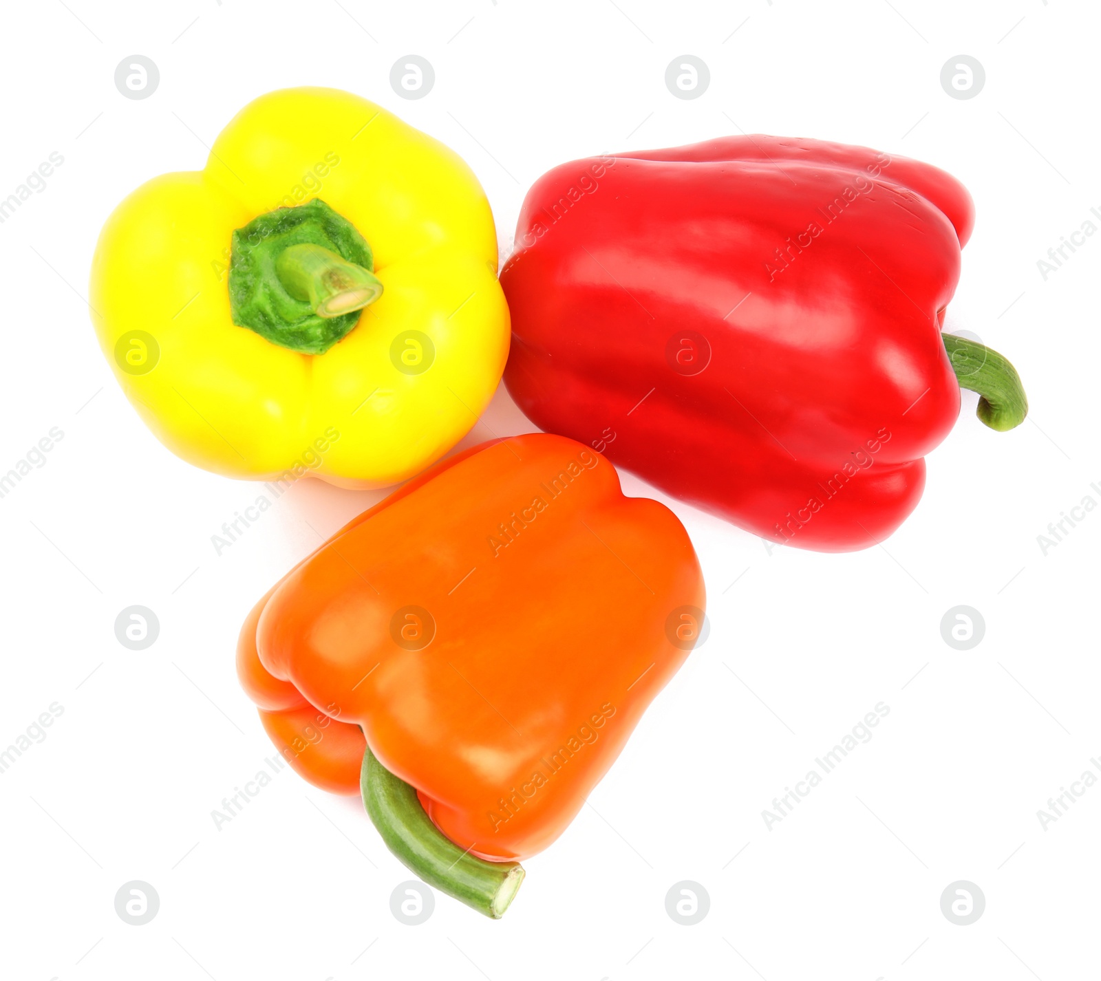 Photo of Fresh ripe bell peppers on white background, top view