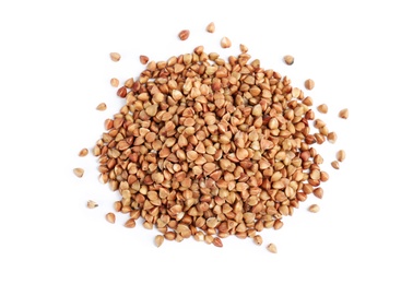 Photo of Uncooked buckwheat on white background. Healthy diet