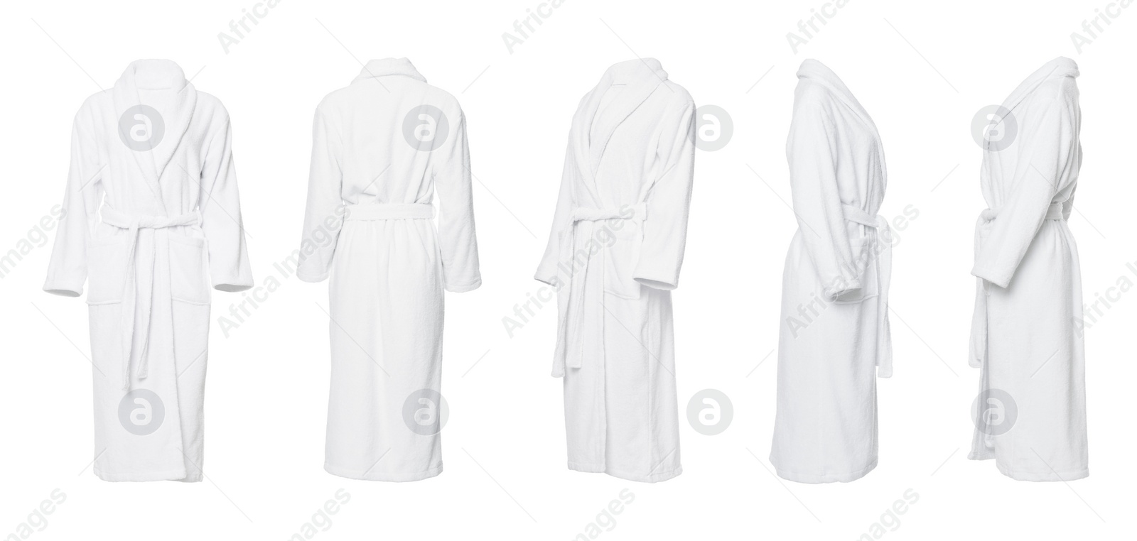 Image of Collage with clean terry bathrobe on white background, different views