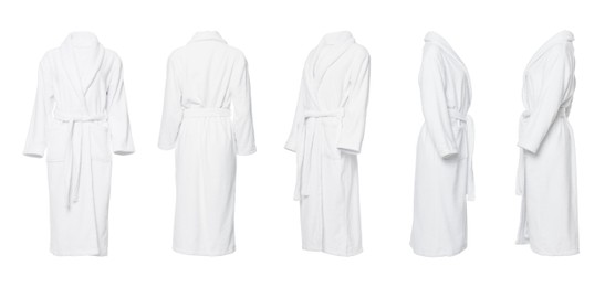 Image of Collage with clean terry bathrobe on white background, different views