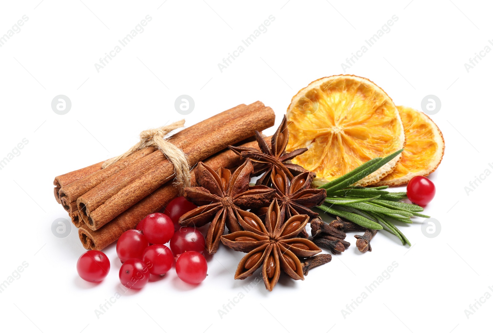 Photo of Composition with ingredients for mulled wine on white background