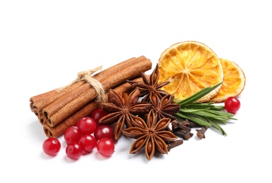 Photo of Composition with ingredients for mulled wine on white background