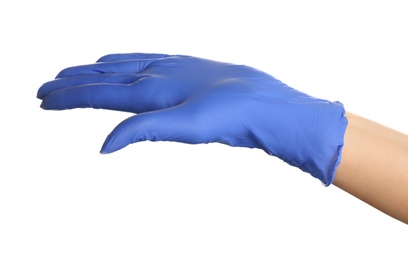 Photo of Woman in blue latex gloves holding something on white background, closeup of hand