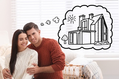 Image of Lovely couple dreaming about new house. Illustration in thought bubble