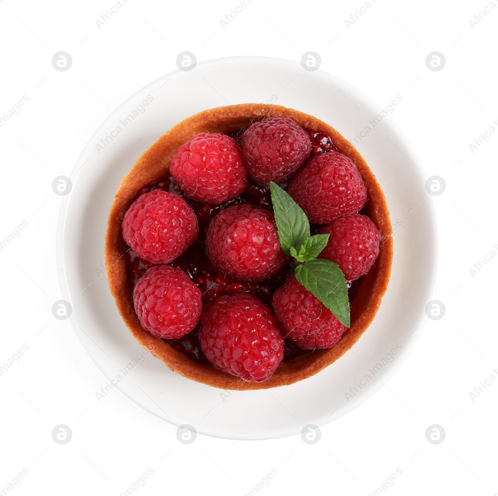 Photo of Tartlet with fresh raspberries and mint isolated on white, top view. Delicious dessert