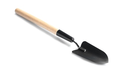 Photo of New trowel on white background. Professional gardening tool